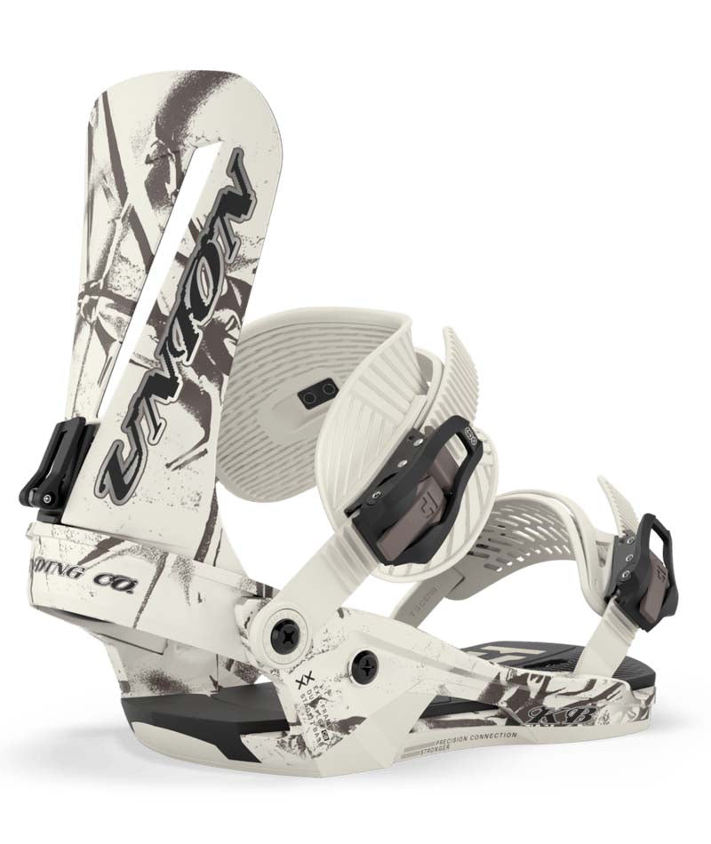 Atlas- Cream and brown snowboard bindings on a white background