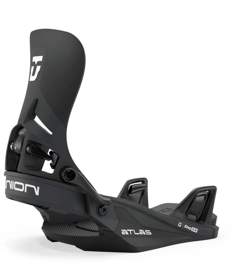 AtlasStep-On-Black snowboard binding with 'Union' branding on a white background