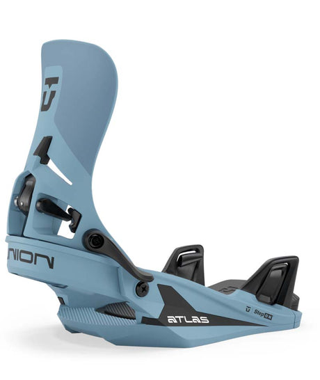 AtlasStep-On-Blue snowboard binding with 'Union' branding on a white background