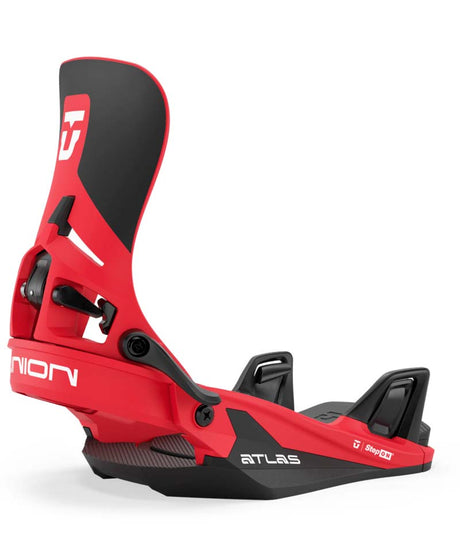 AtlasStep-On-Black and red snowboard binding with 'Union' branding on a white background