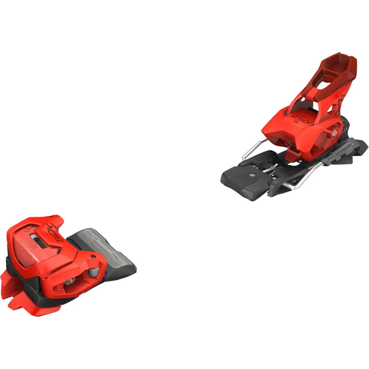 Attack 14-Two red ski bindings on a white background