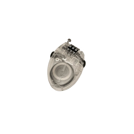 AxisMiniCableLock-A small transparent plastic combination lock box with black dials and a silver metal top, photographed on a plain light gray background.