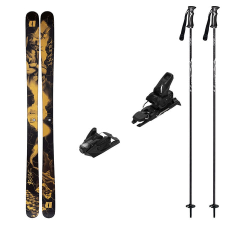 BDOG94w_Strive12-A ski bundle featuring a pair of black and gold skis, two black ski bindings, and two black ski poles with white branding, arranged on a clean white background.