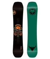 BENCHMARK- Black snowboard with a bull graphic on the top sheet and a green base with a bull on the tail and the 'Never Summer' logo at the tip 