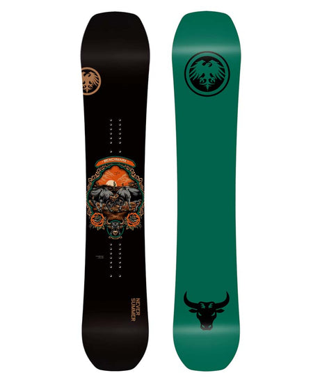 BENCHMARK- Black snowboard with a bull graphic on the top sheet and a green base with a bull on the tail and the 'Never Summer' logo at the tip 