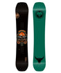 BENCHMARK- Black snowboard with a bull graphic on the top sheet and a green base with a bull on the tail and the 'Never Summer' logo at the tip 