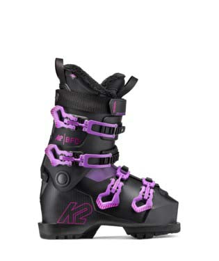 BFC75W- Black and purple ski boot with visible branding on a white background