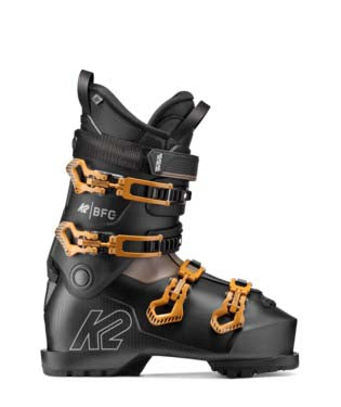 BFC80- Black ski boot with orange accents on a white background
