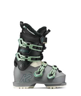 BFC85W-Gray ski boot with green accents on a white background