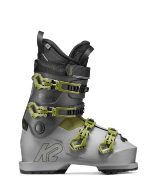 BFC90-Gray ski boot with green straps on a white background