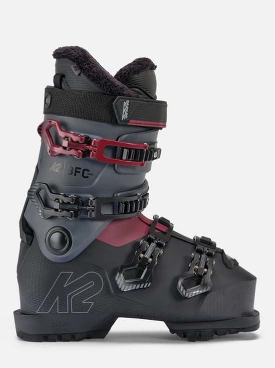 BFC95- Gray ski boot with red accents on a white background
