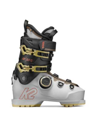 BFCBOA100- White ski boot with black and gold accents on a white background