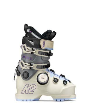 BFCBOA95W-White ski boot with black and gray accents on a white background
