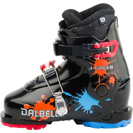 J Green  2.0-Black ski boot with colorful splashes and Dalbello branding on a white background