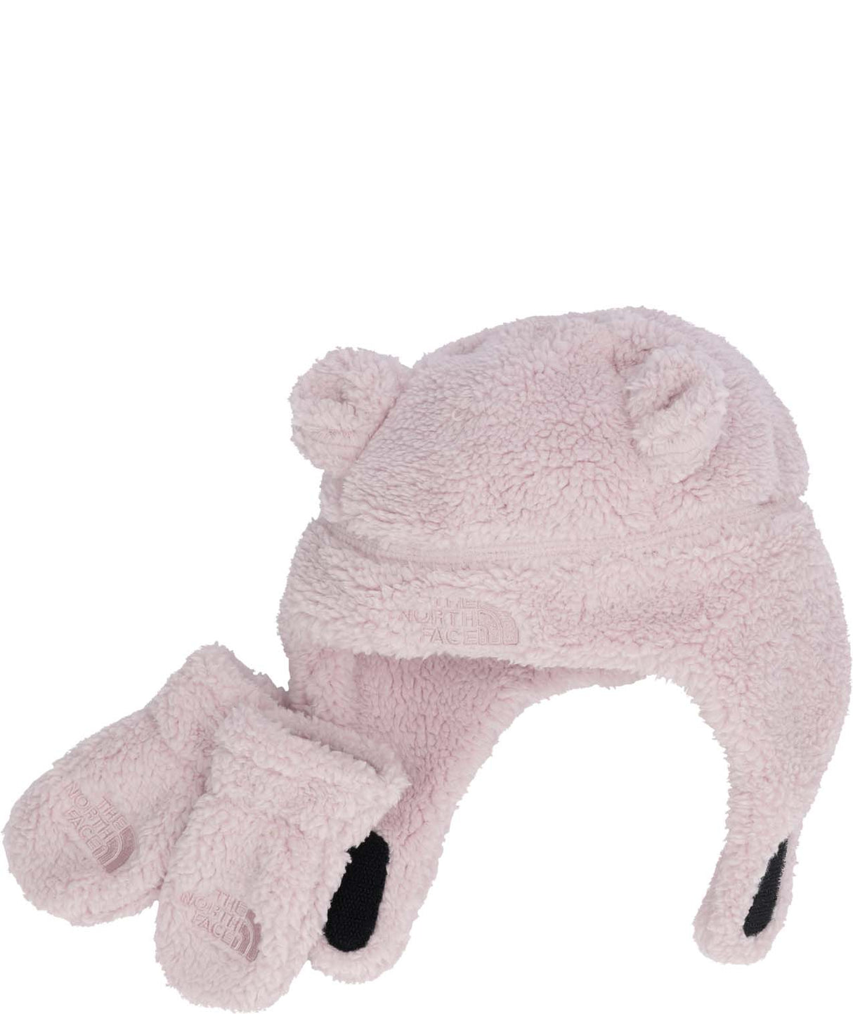 BabyBearSet-Pink fuzzy hat and matching gloves on a white background