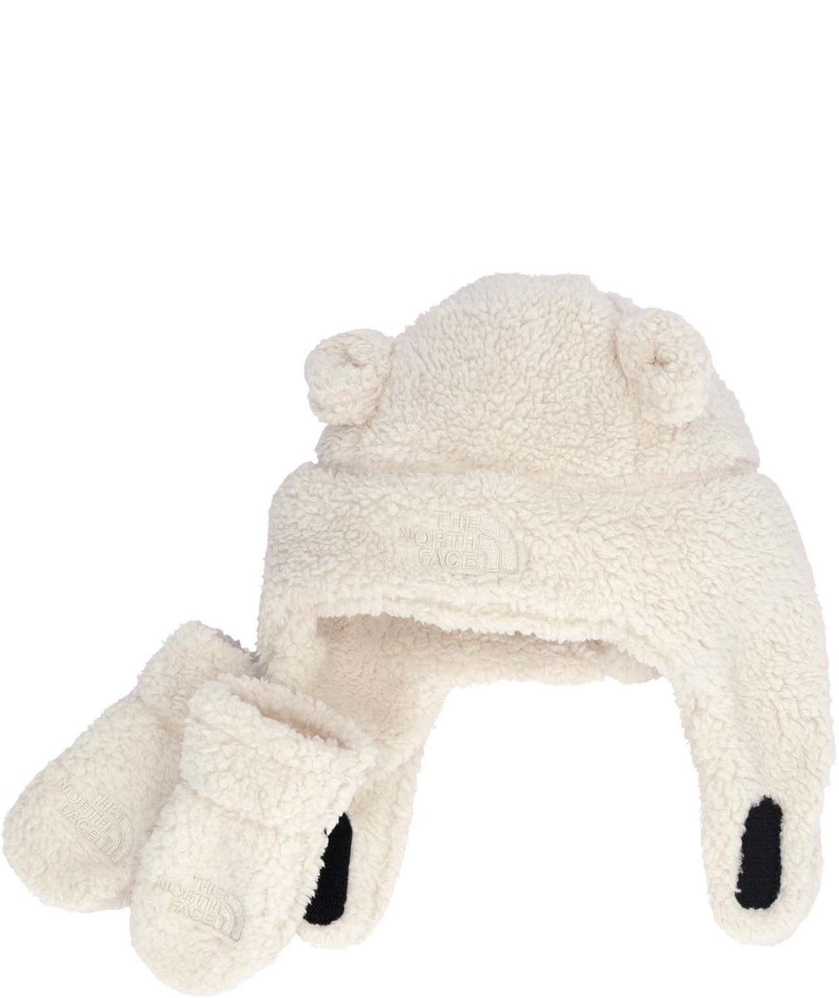 BabyBearSet-White fleece hat and mittens set on a white background