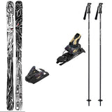 Backwardsw_Strive12-A ski gear set on a plain white background, including a pair of black and gray patterned skis, two ski bindings, and two black ski poles with white graphics.