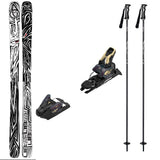 Backwardsw_Strive12-A ski gear set on a plain white background, including a pair of black and gray patterned skis, two ski bindings, and two black ski poles with white graphics.