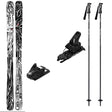 Backwardsw_Strive12-A ski gear set on a plain white background, including a pair of black and gray patterned skis, two black ski bindings, and two black ski poles with white graphics.