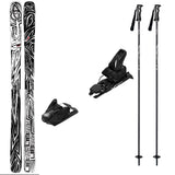 Backwardsw_Strive12-A ski gear set on a plain white background, including a pair of black and gray patterned skis, two black ski bindings, and two black ski poles with white graphics.