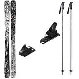 Backwardsw_Strive12-A ski gear set on a plain white background, including a pair of black and gray patterned skis, two black ski bindings, and two black ski poles with white graphics.