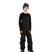 BaileyPant-A child model wearing black snow bib overalls, a black long-sleeve shirt, a dark green beanie with ski goggles, and black snow boots, standing against a solid white background.