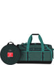 BaseCampDuffel_M- Green duffel bag with a circular black cover on a white background