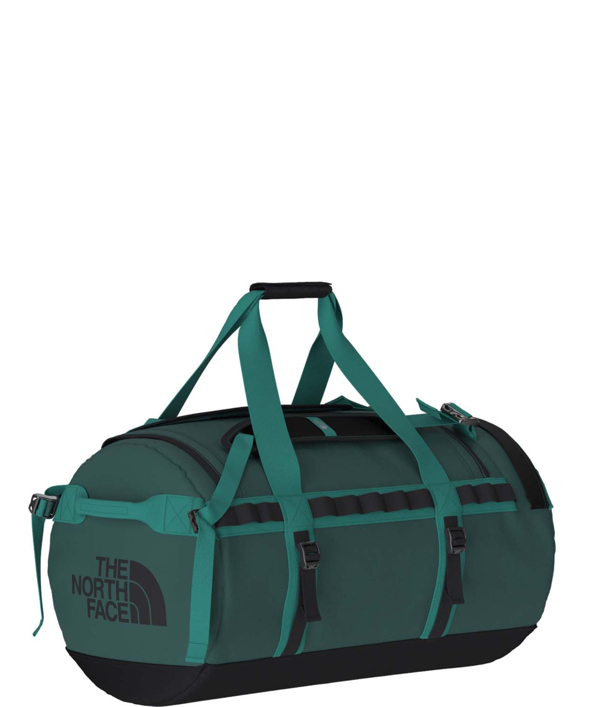 BaseCampDuffel_M-Green duffel bag with 'The North Face' logo on a white background