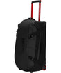 BaseCampRollingThunder_28-Black rolling duffel bag with red wheels on a white background