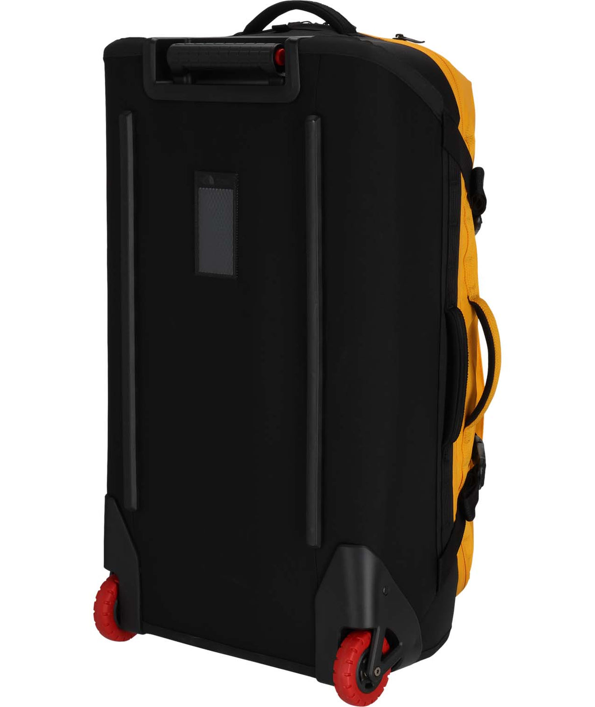 BaseCampRollingThunder_28-Yellow rolling duffel bag with black accents and The North Face logo on a white background