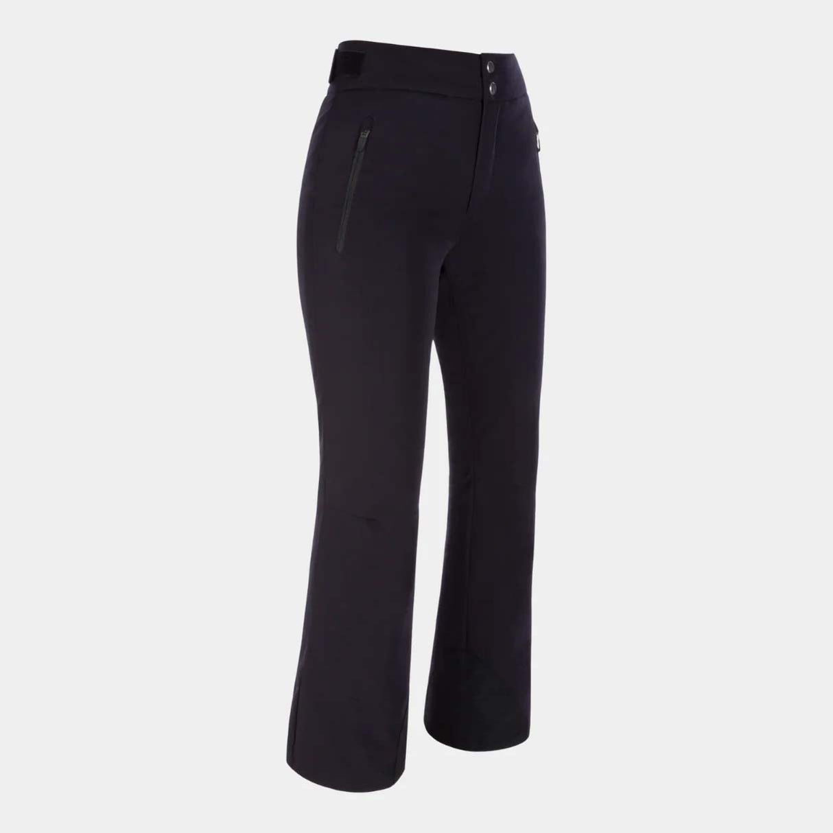 BelleStretchPant-A pair of women's dark navy or black wide-leg cropped pants with a zippered side pocket, shown on a light gray background.