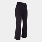 BelleStretchPant-A pair of women's dark navy or black wide-leg cropped pants with a zippered side pocket, shown on a light gray background.