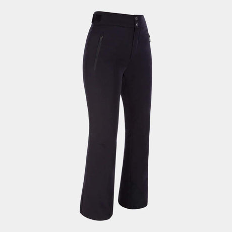 BelleStretchPant-A pair of women's dark navy or black wide-leg cropped pants with a zippered side pocket, shown on a light gray background.