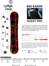 BenKadowGuestPro2026-27Sticker- A product information sheet for the Ben Kadow Guest Pro snowboard, showing the full board from top and bottom, a color swatch of the black and red flame pattern, technical specs, and brand logos on a white background.