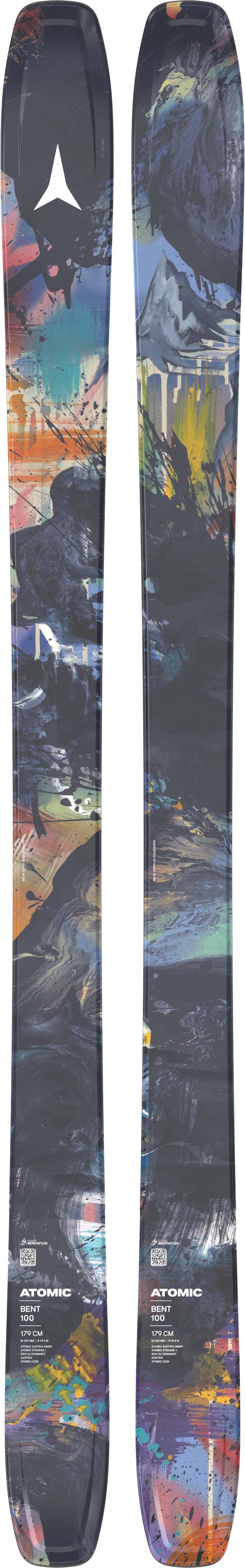 Bent100-Pair of skis with colorful design on a black background
