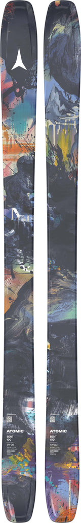 Bent100-Pair of skis with colorful design on a black background