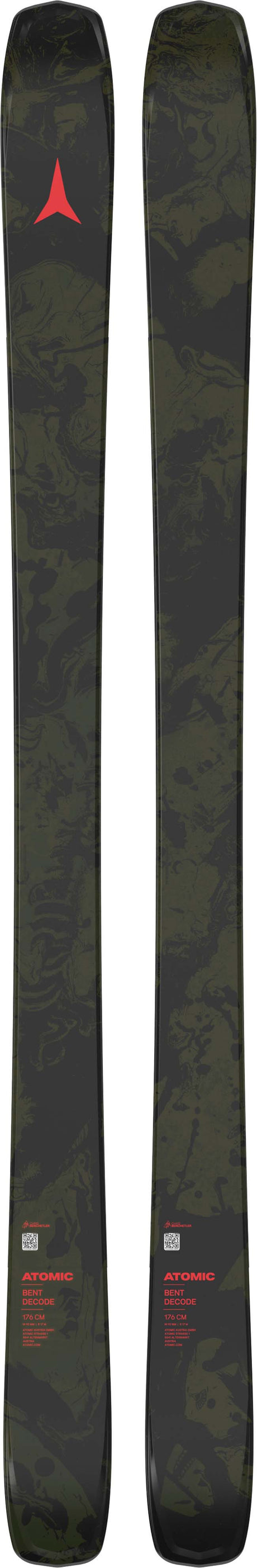 BentDecode- Green, black, and red skis on a white background