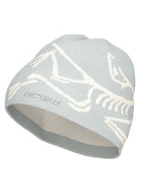 BirdHeadToque-A light grey knit beanie hat featuring a white knit Arc'teryx bird logo and the brand name 'ARC'TERYX' on the side, with a white fleece lining visible at the opening.
