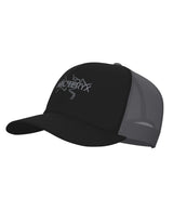 BirdTruckerHat-Black cap with mesh back and logo on a white background