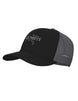 BirdTruckerHat-Black cap with mesh back and logo on a white background