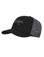 BirdTruckerHat-Black cap with mesh back and logo on a white background