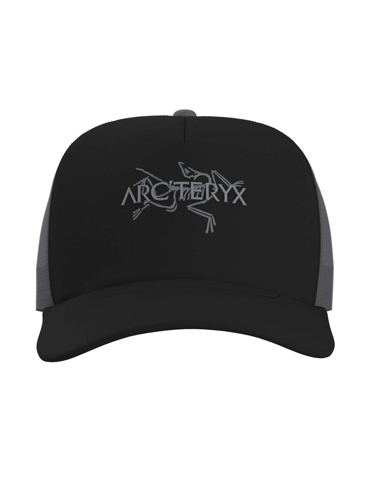 BirdTruckerHat-Black cap with mesh back and logo on a white background