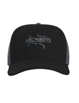 BirdTruckerHat-Black cap with mesh back and logo on a white background