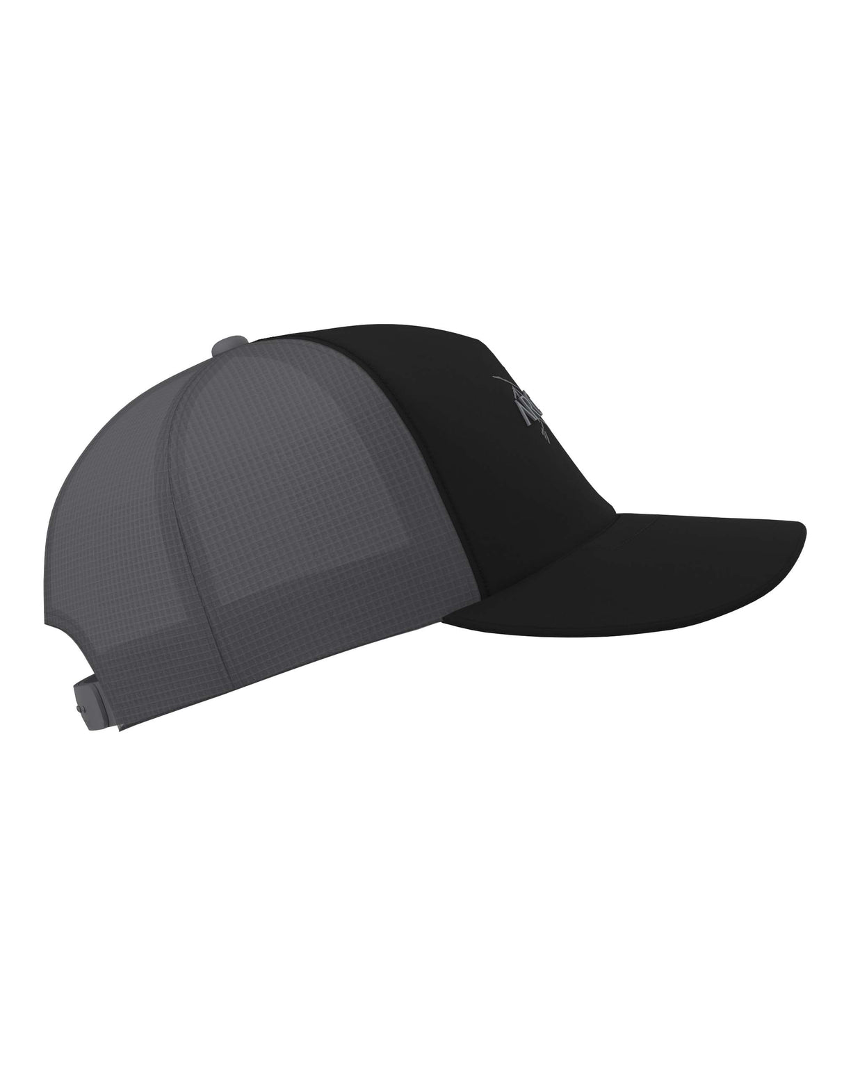 BirdTruckerHat-Black cap with mesh back and logo on a white background