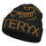 BirdWordToque-A black knit beanie featuring the Arc'teryx wordmark and bird logo in tan/golden brown, shown on a plain white background.