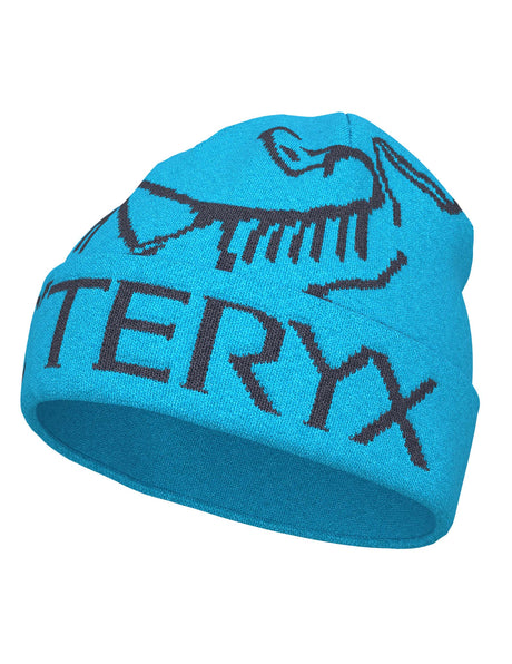 BirdWordToque-A light blue knit beanie hat featuring a dark grey knit Arc'teryx bird logo and the brand name 'ARC'TERYX' across the front cuff.
