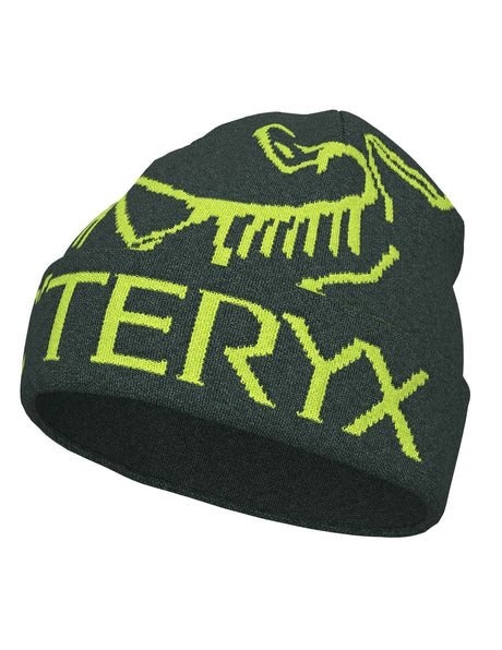 BirdWordToque-A dark green knit beanie hat featuring a light green knit Arc'teryx bird logo and the brand name 'ARC'TERYX' across the front cuff.