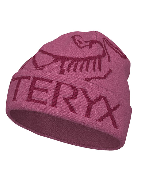 BirdWordToque-A pink knit beanie hat featuring a dark pink Arc'teryx bird logo and the brand name 'ARC'TERYX' across the front cuff.