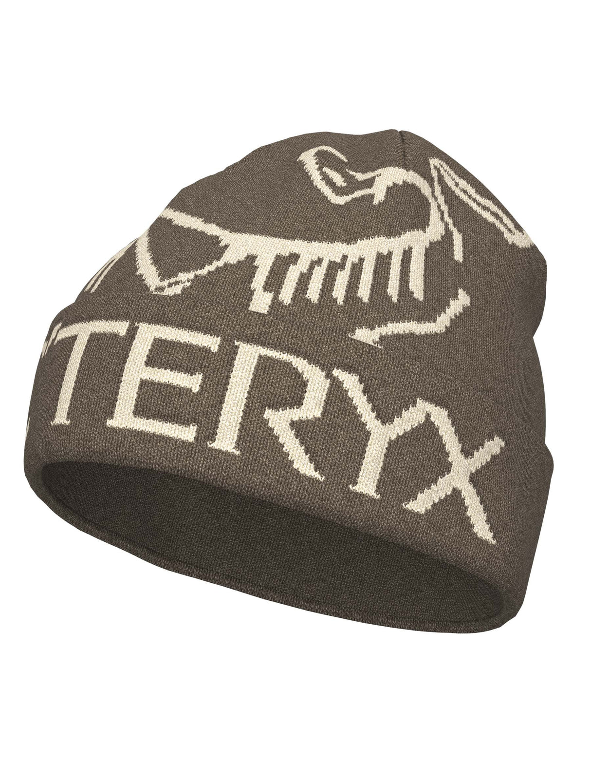 BirdWordToque-A brown knit beanie hat featuring a light beige knit Arc'teryx bird logo and the brand name 'ARC'TERYX' on the front cuff, with a brown fleece lining visible at the opening.