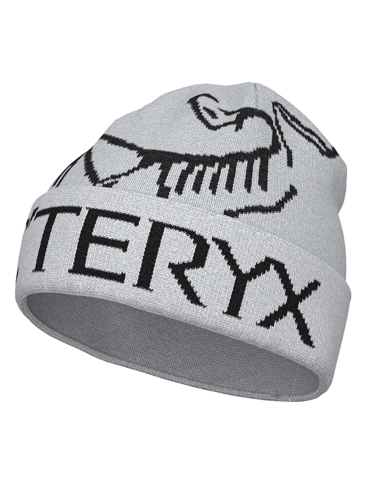 BirdWordToque-A light gray knit beanie hat featuring a black knit Arc'teryx bird logo and the brand name 'ARC'TERYX' across the front cuff.